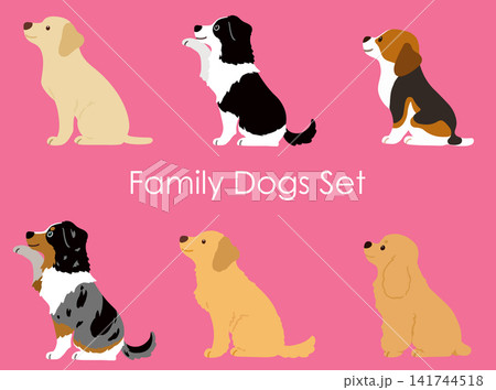 狩猟犬と家庭犬のイラストセット　横向きお座り　主線なし 141744518