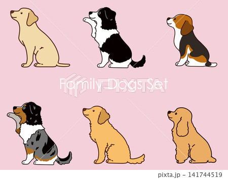 狩猟犬と家庭犬のイラストセット　横向きお座り　主線あり 141744519