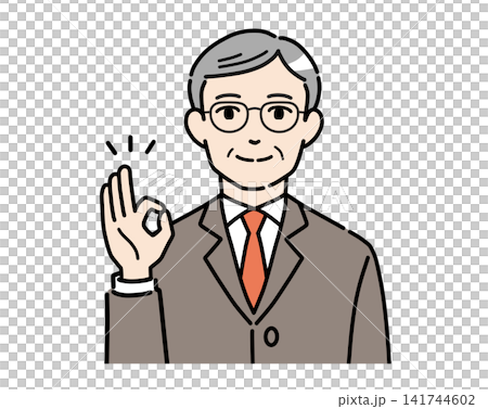 OKサインをするスーツ姿のシニア男性のイラスト OKサインをするスーツ姿のシニア男性のイラスト 141744602