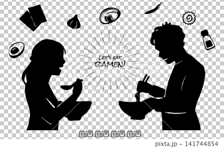 A set of silhouettes of a man and woman eating ramen and ramen ingredients. A set of silhouettes of a man and woman eating ramen and ramen ingredients. 141744854