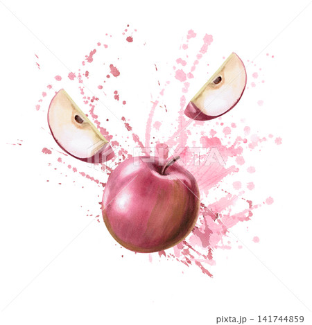 A red apple half and slice against a background of juicy splashes. Isolated watercolor illustration for cafes, pastries, juice and cider labels, textile patterns, and school notebook cover designs. A red apple half and slice against a background of juicy splashes. Isolated watercolor illustration for cafes, pastries, juice and cider labels, textile patterns, and school notebook cover designs. 141744859