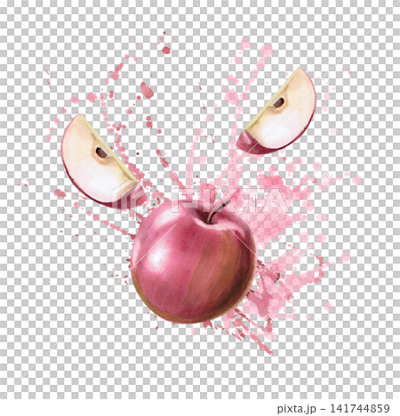 A red apple half and slice against a background of juicy splashes. Isolated watercolor illustration for cafes, pastries, juice and cider labels, textile patterns, and school notebook cover designs. A red apple half and slice against a background of juicy splashes. Isolated watercolor illustration for cafes, pastries, juice and cider labels, textile patterns, and school notebook cover designs. 141744859