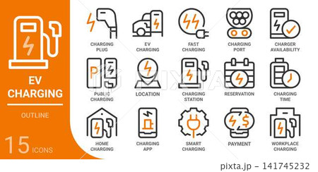 ev charging outline icon set,15 vector icons 141745232