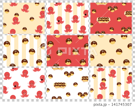Set of 9 backgrounds featuring octopus and takoyaki patterns Set of 9 backgrounds featuring octopus and takoyaki patterns 141745307