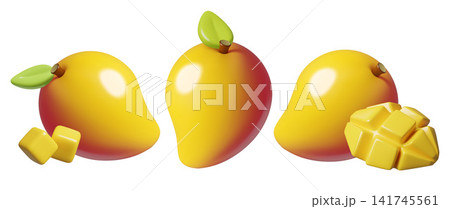 Mango 3d icons set of whole the fruit and slices in a cute minimal plastic style Mango 3d icons set of whole the fruit and slices in a cute minimal plastic style 141745561