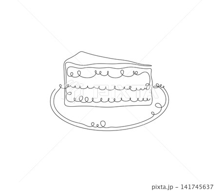 Monoline illustration of a piece of cake with strawberry on its top, isolated on white background Monoline illustration of a piece of cake with strawberry on its top, isolated on white background 141745637