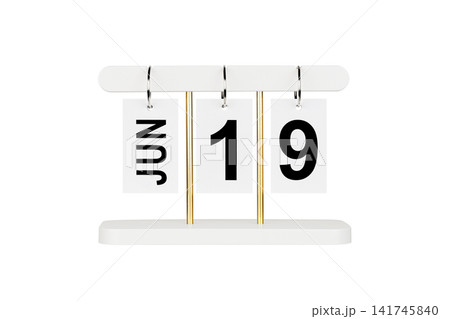 Modern flip calendar with June 19 date isolated on white. Office time management tool icon. Modern flip calendar with June 19 date isolated on white. Office time management tool icon. 141745840
