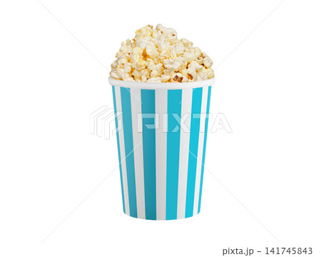 Full striped paper bucket of popcorn isolated on white background. Classic movie theater snack. Full striped paper bucket of popcorn isolated on white background. Classic movie theater snack. 141745843
