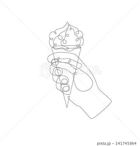 Monoline illustration of a hand holding ice cream, isolated on white background Monoline illustration of a hand holding ice cream, isolated on white background 141745864