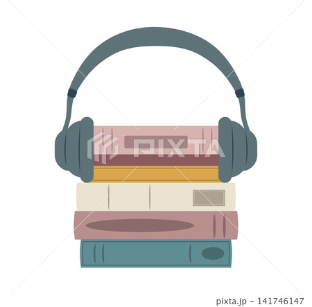 Stacked Books with Headphones Audiobook Concept Stacked Books with Headphones Audiobook Concept 141746147