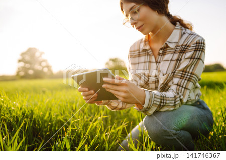 Young woman agronomist works on a modern digital tablet on a green wheat field. Young woman agronomist works on a modern digital tablet on a green wheat field. 141746367