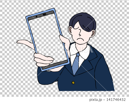 身穿制服的男學生,展示智慧型手機螢幕,顯示社交媒體訊息,神情沮喪,插圖。 身穿制服的男學生,展示智慧型手機螢幕,顯示社交媒體訊息,神情沮喪,插圖。 141746432