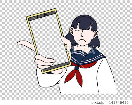 Female student in uniform, showing smartphone screen, SNS message, depressed, illustration. Female student in uniform, showing smartphone screen, SNS message, depressed, illustration. 141746433