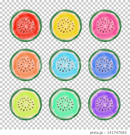 油絵風のカラフルな輪切りスイカ9色セット 夏のイラスト素材 141747083