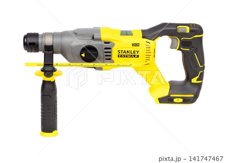 Tool with drill and measuring feature shown in the image used for construction and repair tasks. 08.04.2026. Kyiv. Ukraine Tool with drill and measuring feature shown in the image used for construction and repair tasks. 08.04.2026. Kyiv. Ukraine 141747467