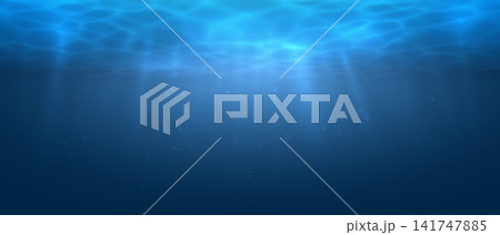 Vector Light Rays in Dark Blue Underwater Ocean Horizontal Background. Deep Sea Stormy Water with Plankton Dust Particles. Sun Light Beams Illuminating Darkness Ocean Depths. Water Surface 141747885