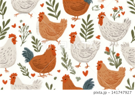 Hand drawn chickens, plants, flowers and hearts on white background. Vector illustration with cute farm animals. 141747927