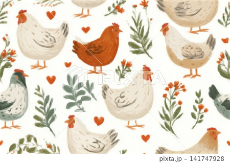Hand drawn chickens, plants, flowers and hearts on white background. Vector illustration with cute farm animals. Hand drawn chickens, plants, flowers and hearts on white background. Vector illustration with cute farm animals. 141747928