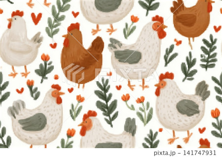 Hand drawn chickens, plants, flowers and hearts on white background. Vector illustration with cute farm animals. 141747931