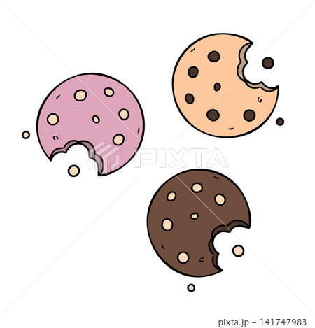 Chocolate chip cookies set with bitten round biscuits, hand drawn collection for bakery branding packaging menus and labels 141747983