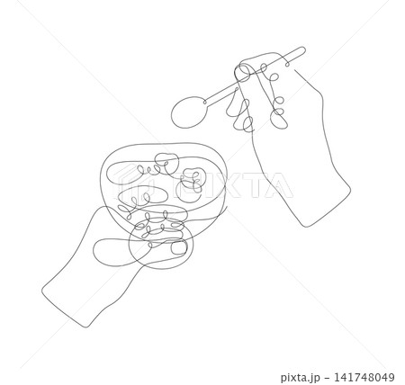 Monoline illustration of a hands holding dessert and spoon, isolated on white background Monoline illustration of a hands holding dessert and spoon, isolated on white background 141748049