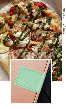 Close-up of freshly baked pizza with chicken, melted cheese, tomatoes and pesto sauce. 141748206