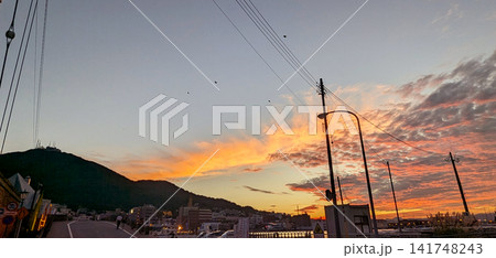 夕焼けと鳥が飛ぶ函館山の港町 141748243