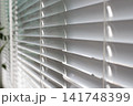 Close Up Perspective View of Modern White Venetian Window Blinds Slats 141748399