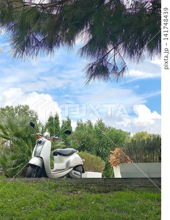 White scooter parked in garden with greenery, daylight, relaxed summer lifestyle scene White scooter parked in garden with greenery, daylight, relaxed summer lifestyle scene 141748439