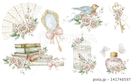 Vintage feminine watercolor collection. Elements isolated on background. Romantic floral clipart with rose flowers, birds, birdcage and books for wedding invitations, stationery and scrapbook. Vintage feminine watercolor collection. Elements isolated on background. Romantic floral clipart with rose flowers, birds, birdcage and books for wedding invitations, stationery and scrapbook. 141748597