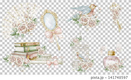 Vintage feminine watercolor collection. Elements isolated on background. Romantic floral clipart with rose flowers, birds, birdcage and books for wedding invitations, stationery and scrapbook. Vintage feminine watercolor collection. Elements isolated on background. Romantic floral clipart with rose flowers, birds, birdcage and books for wedding invitations, stationery and scrapbook. 141748597