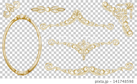 Ornate ornament watercolor set. Decorative Wrought golden vintage borders and frames isolated on background. Illustration clipart for Victorian stationery and vintage invitations. Ornate ornament watercolor set. Decorative Wrought golden vintage borders and frames isolated on background. Illustration clipart for Victorian stationery and vintage invitations. 141748598