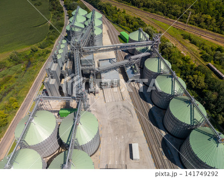 Top Down Aerial View of Industrial Agricultural Silo Complex and Conveyor Infrastructure Top Down Aerial View of Industrial Agricultural Silo Complex and Conveyor Infrastructure 141749292