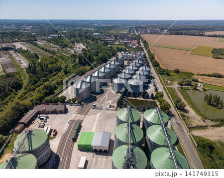 Wide Angle Drone View of Large Agricultural Grain Storage Silo Facility Wide Angle Drone View of Large Agricultural Grain Storage Silo Facility 141749315