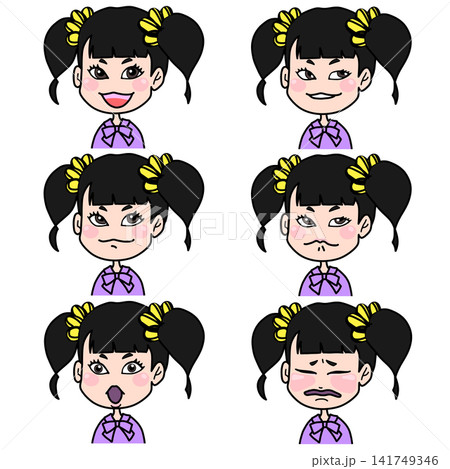 かわいい女の子キャラクターの表情セット 笑顔・泣き顔・たくらみ・驚き・への字口など6種類 かわいい女の子キャラクターの表情セット 笑顔・泣き顔・たくらみ・驚き・への字口など6種類 141749346