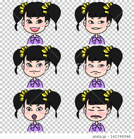 かわいい女の子キャラクターの表情セット 笑顔・泣き顔・たくらみ・驚き・への字口など6種類 かわいい女の子キャラクターの表情セット 笑顔・泣き顔・たくらみ・驚き・への字口など6種類 141749346