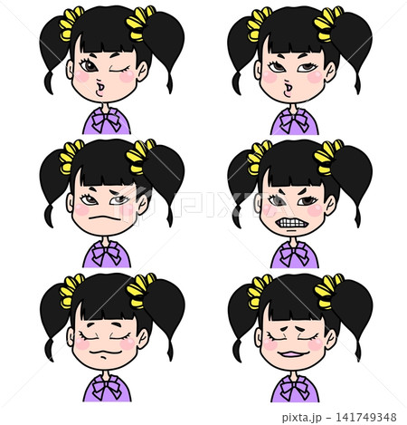 かわいい女の子キャラクターの表情セット ウインク・考える・嫌・すっとぼけ・安堵・したり顔など6種類 かわいい女の子キャラクターの表情セット ウインク・考える・嫌・すっとぼけ・安堵・したり顔など6種類 141749348