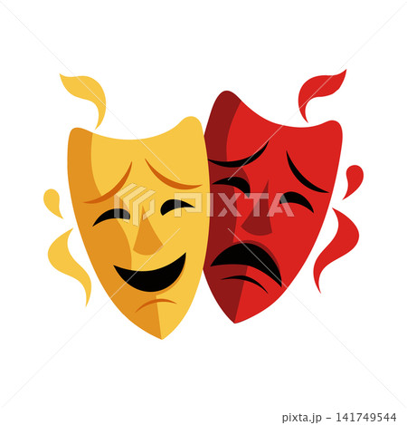 Comedy and tragedy masks. Theatrical icon. Yellow red design illustration. Comedy and tragedy masks. Theatrical icon. Yellow red design illustration. 141749544