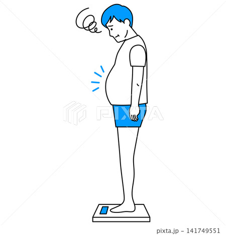 体重計に乗って不満そうにする若い男性 体重計に乗って不満そうにする若い男性 141749551