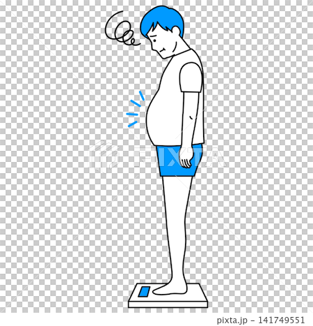 体重計に乗って不満そうにする若い男性 体重計に乗って不満そうにする若い男性 141749551