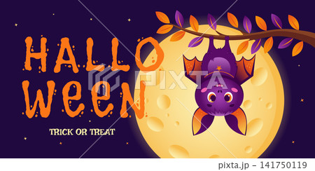 A cute purple bat hanging from a tree branch against the backdrop of a large full moon. A Halloween greeting banner with the words Trick or treat. 141750119