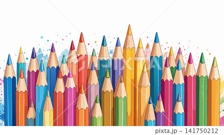 Colorful pencils row with watercolor splatters on white Colorful pencils row with watercolor splatters on white 141750212
