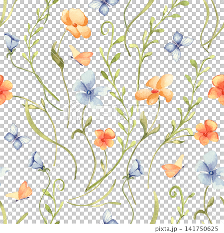 Watercolor seamless pattern of mini flowers and delicate blue butterflies on white. Hand drawn liberty style spring meadow plants for nursery wallpaper. Bright floral repeat design for napkin design. Watercolor seamless pattern of mini flowers and delicate blue butterflies on white. Hand drawn liberty style spring meadow plants for nursery wallpaper. Bright floral repeat design for napkin design. 141750625