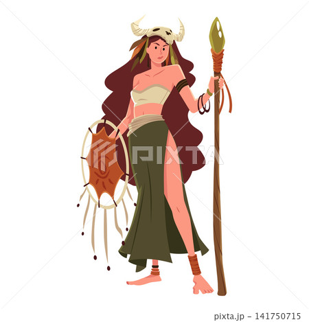 Stylized shaman woman with staff and drum vector illustration 141750715