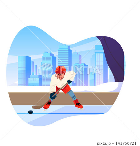 Ice hockey player wearing red gear and uniform in a defensive position with hockey stick at ice stadium in winter city 141750721