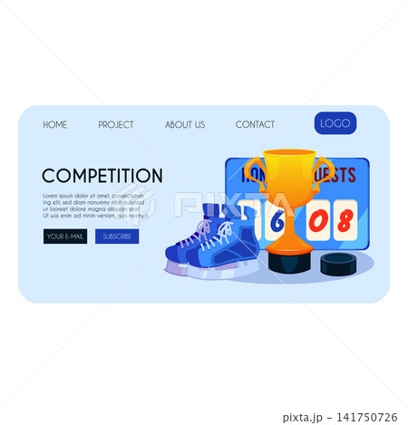 Ice hockey competition landing page vector design, blue ice skates pair, score board, winner cup and puck, sport game Ice hockey competition landing page vector design, blue ice skates pair, score board, winner cup and puck, sport game 141750726