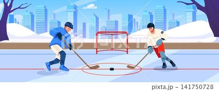 Ice hockey players match at ice stadium with winter cityscape, vector flat athletes in uniform competition match Ice hockey players match at ice stadium with winter cityscape, vector flat athletes in uniform competition match 141750728