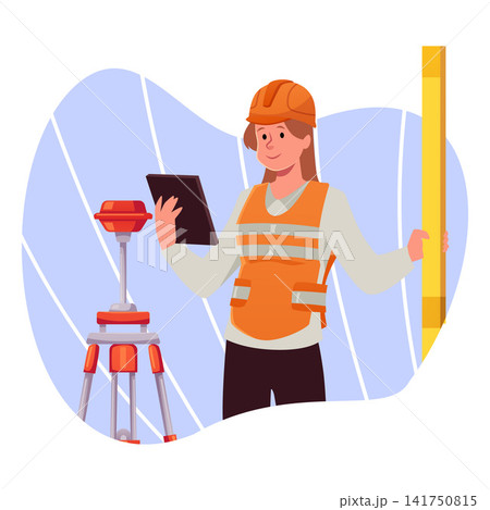 Surveyors civil engineer woman using measuring theodolite on tripod, vector geodesy workers with topographic tools Surveyors civil engineer woman using measuring theodolite on tripod, vector geodesy workers with topographic tools 141750815