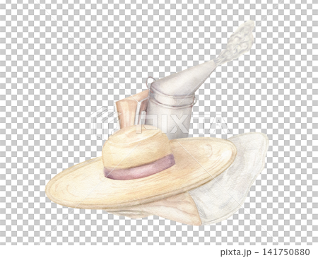 Traditional metal smoker and protective beekeeper hat with veil . Beekeeping equipment watercolor illustration. Tools for apiary work and honey harvesting. Professional rural farming hobby concept Traditional metal smoker and protective beekeeper hat with veil . Beekeeping equipment watercolor illustration. Tools for apiary work and honey harvesting. Professional rural farming hobby concept 141750880