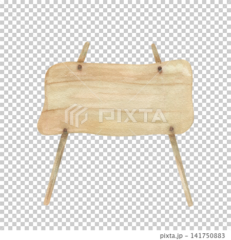 Blank wooden sign on supporting legs watercolor illustration on isolated background. Empty board for text message or announcement. Rustic brown signboard element for invitation, greeting card design Blank wooden sign on supporting legs watercolor illustration on isolated background. Empty board for text message or announcement. Rustic brown signboard element for invitation, greeting card design 141750883